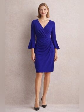 Lauren Ralph Lauren Blue Faux Wrap Dress Bell Sleeve Ruched Office Core Size 8